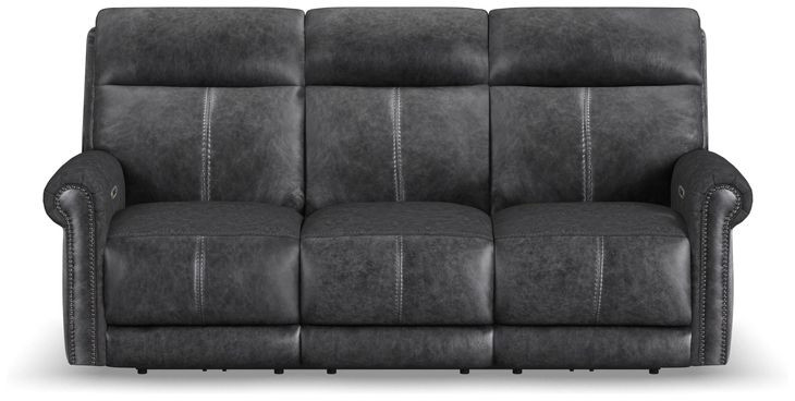 Alexander Weathered Stone Gray Leather 87" Zero Gravity Triple Power Reclining Loveseat with USB Charging and Nailhead Trim