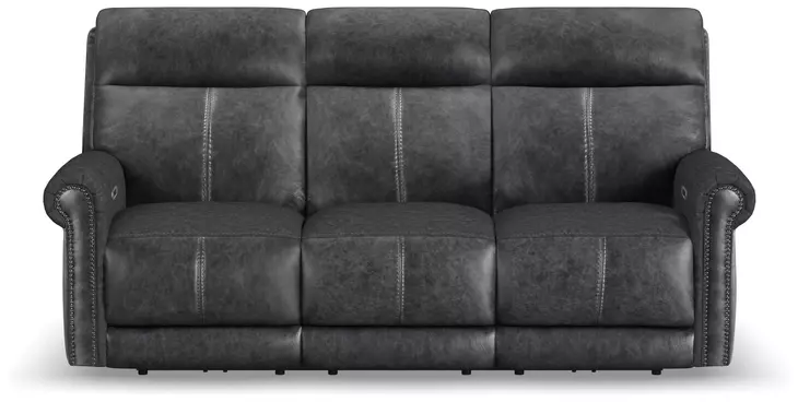 Alexander Weathered Stone Gray Leather 87" Zero Gravity Triple Power Reclining Loveseat with USB Charging and Nailhead Trim