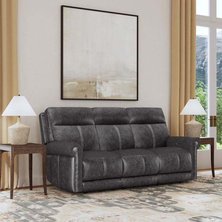 Alexander Weathered Stone Gray Leather 87" Zero Gravity Triple Power Reclining Loveseat with USB Charging and Nailhead Trim