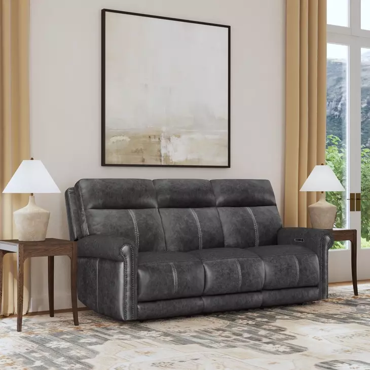 Alexander Weathered Stone Gray Leather Zero Gravity Triple Power Reclining Living Room Set