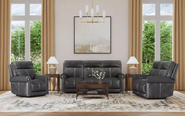 Alexander Weathered Stone Gray Leather Zero Gravity Triple Power Reclining Living Room Set