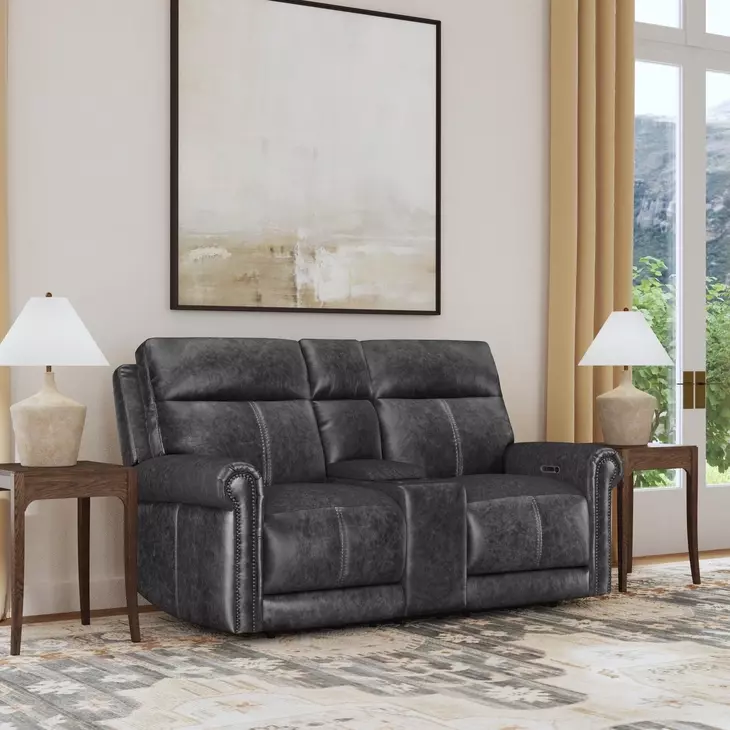 Alexander Weathered Stone Gray Leather 76" Zero Gravity Triple Power Reclining Loveseat with USB Charging and Nailhead Trim