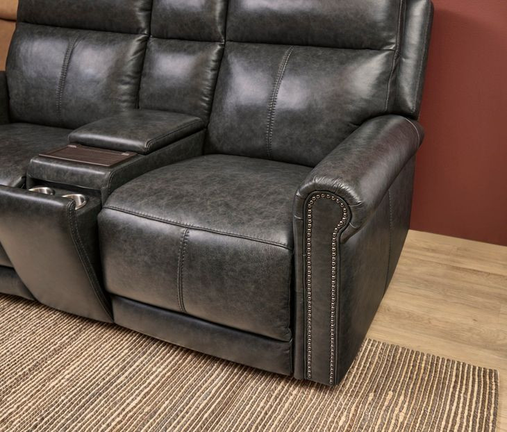 Alexander Weathered Stone Gray Leather 76" Zero Gravity Triple Power Reclining Loveseat with USB Charging and Nailhead Trim