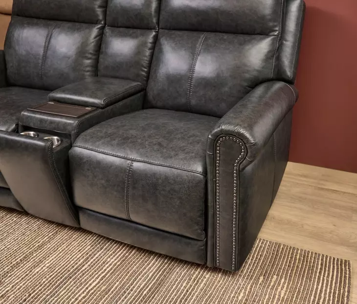 Alexander Weathered Stone Gray Leather 76" Zero Gravity Triple Power Reclining Loveseat with USB Charging and Nailhead Trim