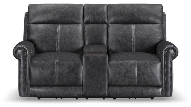 Alexander Weathered Stone Gray Leather 76" Zero Gravity Triple Power Reclining Loveseat with USB Charging and Nailhead Trim