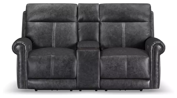Alexander Weathered Stone Gray Leather 76" Zero Gravity Triple Power Reclining Loveseat with USB Charging and Nailhead Trim