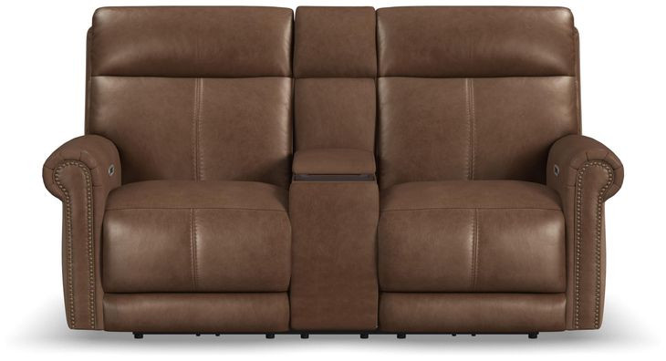 Alexander Weathered Khaki Brown Leather 76" Zero Gravity Triple Power Reclining Loveseat with USB Charging and Nailhead Trim
