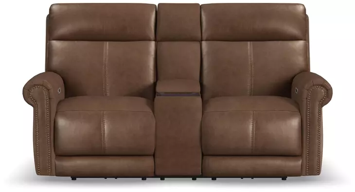 Alexander Weathered Khaki Brown Leather 76" Zero Gravity Triple Power Reclining Loveseat with USB Charging and Nailhead Trim