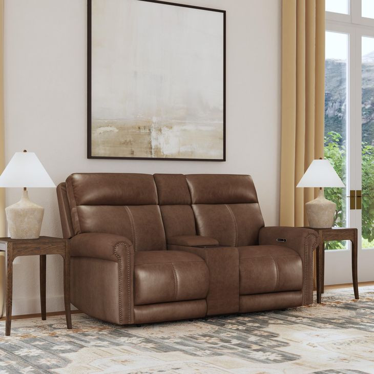 Alexander Weathered Khaki Brown Leather 76" Zero Gravity Triple Power Reclining Loveseat with USB Charging and Nailhead Trim