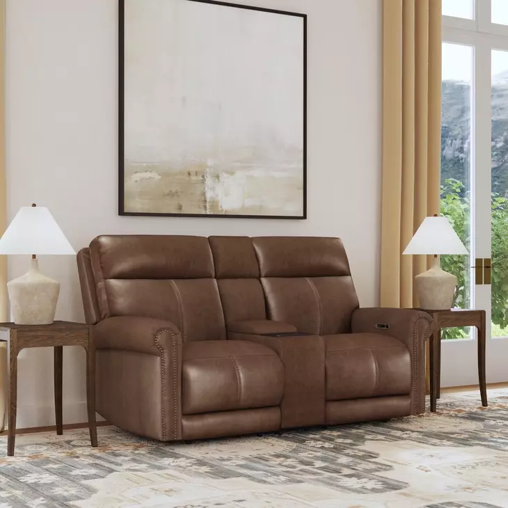 Alexander Weathered Khaki Brown Leather 76" Zero Gravity Triple Power Reclining Loveseat with USB Charging and Nailhead Trim