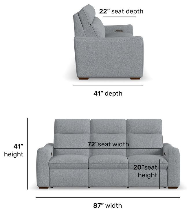 Ava Gray Performance Fabric 87" Triple Power Reclining Sofa with USB Charging