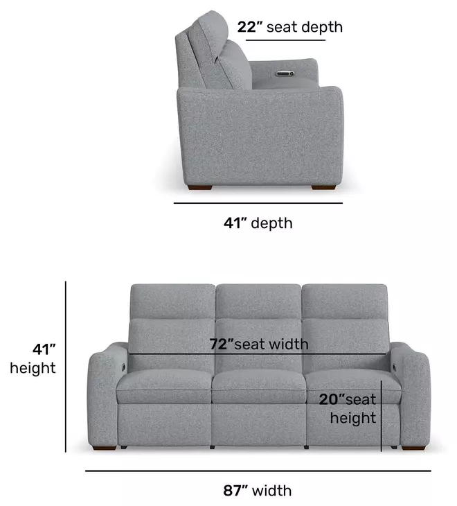 Ava Gray Performance Fabric 87" Triple Power Reclining Sofa with USB Charging