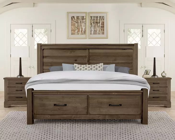 Cool Rustic Mink Queen Plank Storage Panel Bed
