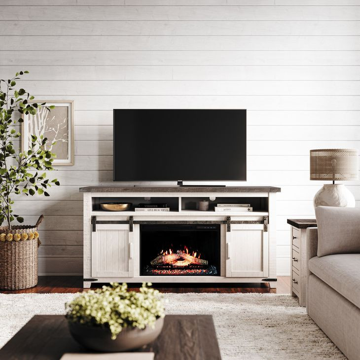 Madison County Vintage White 64" TV Stand with Electric Fireplace