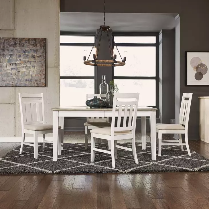 Meadowbrook Soft White Wash and Wirebrushed Gray Upholstered 5 Piece Extendable Rectangular Dining Set