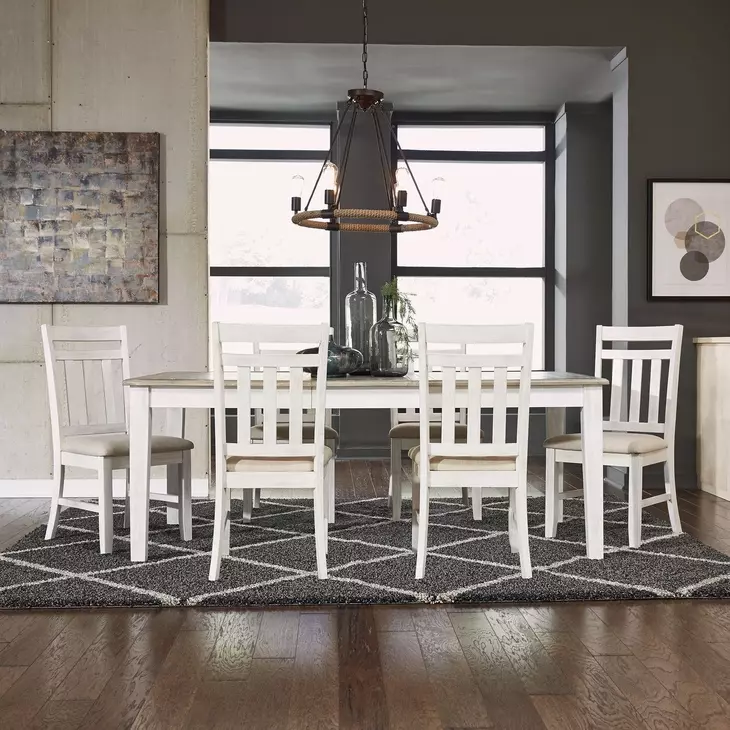 Meadowbrook Soft White Wash and Wirebrushed Gray Upholstered 7 Piece Extendable Rectangular Dining Set