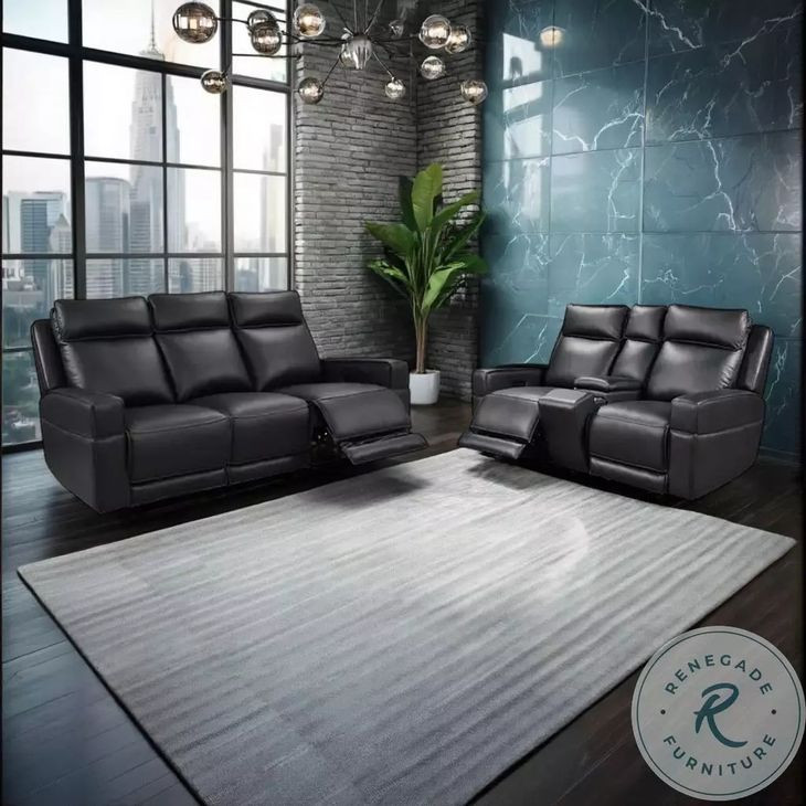 Valley Black Leather 82" Zero Gravity Power Reclining Sofa with Power Headrest and USB Charging