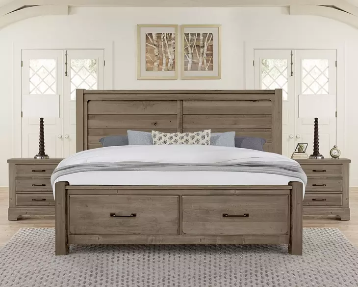 Cool Rustic Stone Gray Plank Storage Panel Bedroom Set