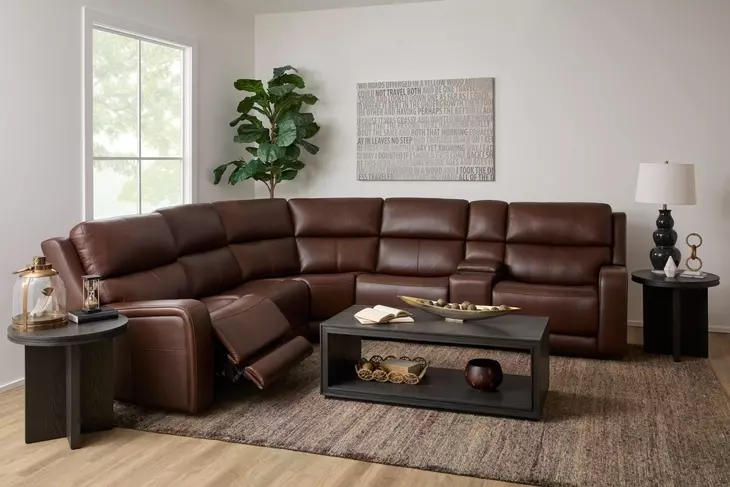 Oasis Truffle Leather 6 Piece Modular Zero Gravity Power Reclining Sectional with USB Charging and Heat Massage