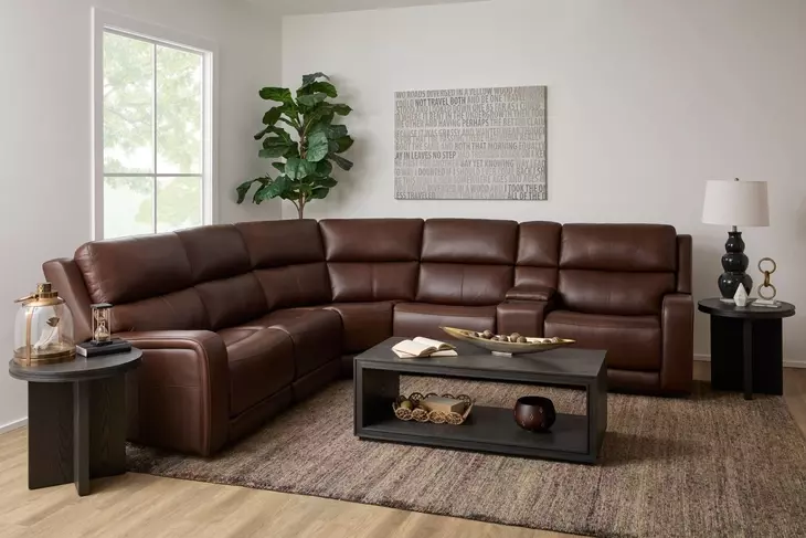 Oasis Truffle Leather 6 Piece Modular Zero Gravity Power Reclining Sectional with USB Charging and Heat Massage