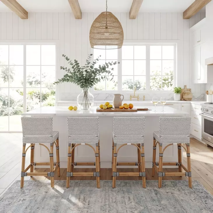 Serienna White and Navy Dots Rattan Counter Height Stool