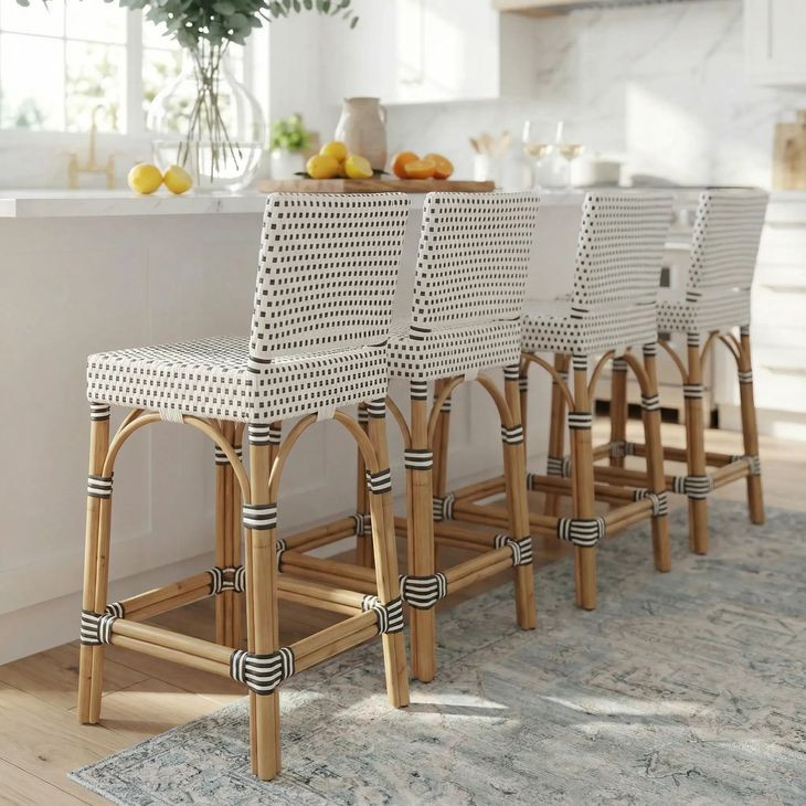 Serienna White and Navy Dots Rattan Counter Height Stool
