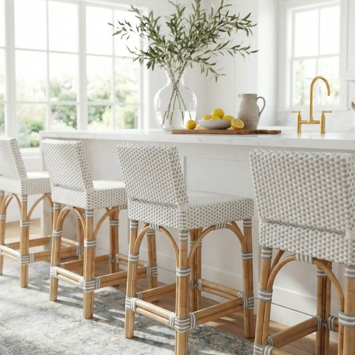 Serienna White And Gray Dot Rattan Counter Height Stool
