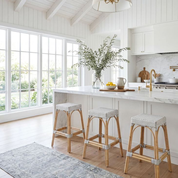 Tobias White And Sky Blue Dot Rattan Bar Stool