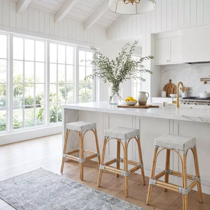 Tobias White And Sky Blue Dot Rattan Bar Stool