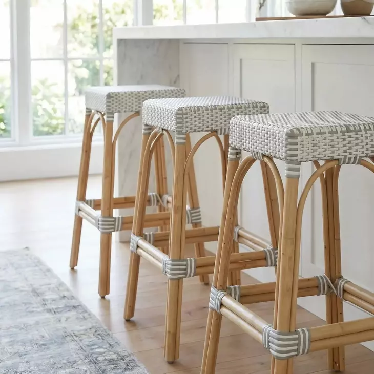 Tobias White And Sky Blue Dot Rattan Bar Stool