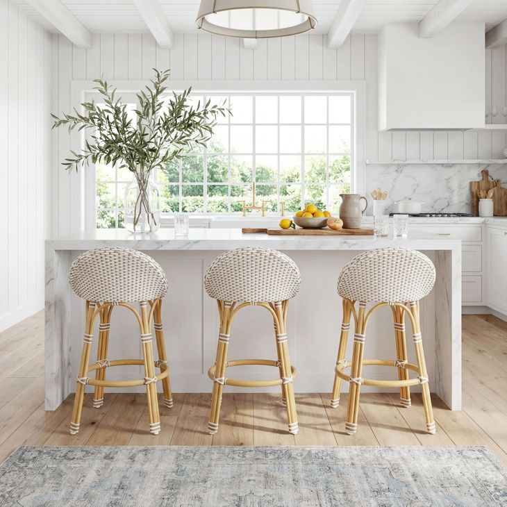 Tobias Beige and White Low Back Rattan Stool