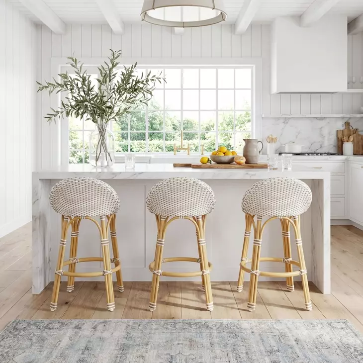 Tobias Beige and White Low Back Rattan Stool