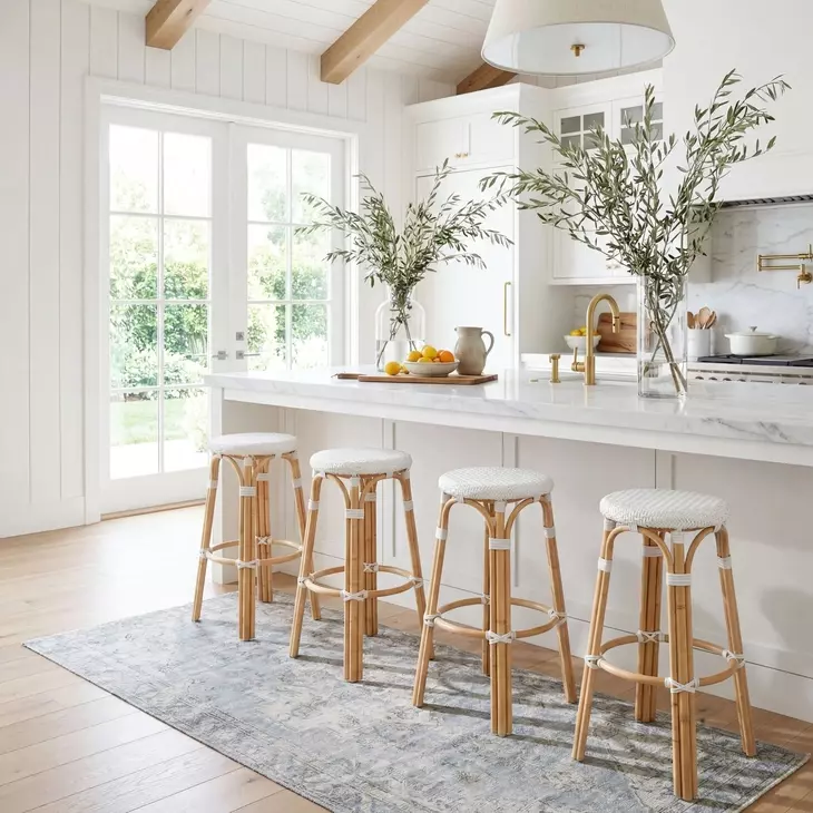 Tobias Glossy White Rattan Round Bar Stool