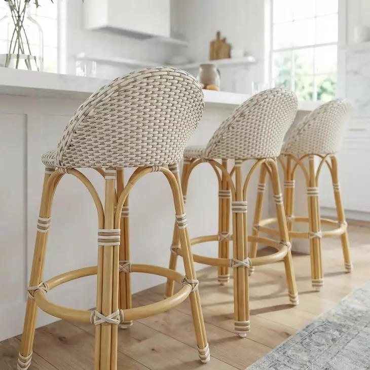 Tobias Beige and White Low Back Rattan Stool