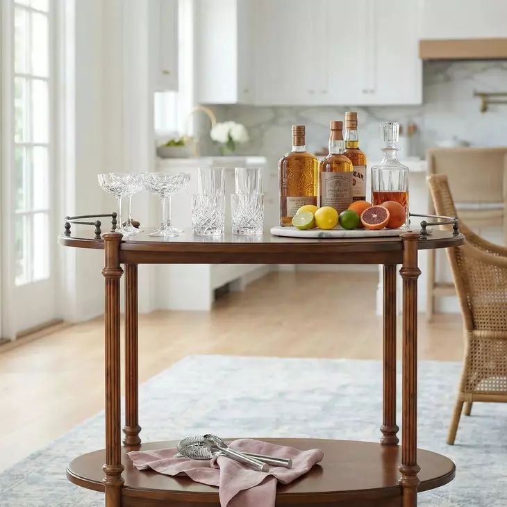 Kathleen Olive Ash Burl Tea 2 Tier Bar Cart