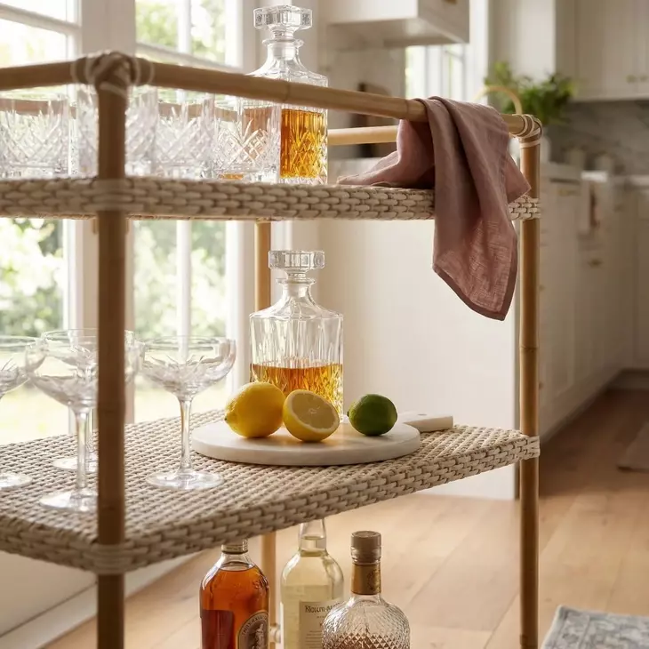 Tobias Beige and White 3 Tier Rattan Bar Cart