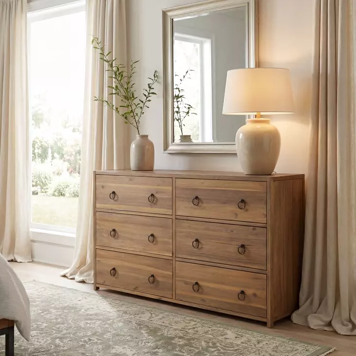 natural brown dresser Lark 6 Drawer Dresser, Wood Each drawer interior is