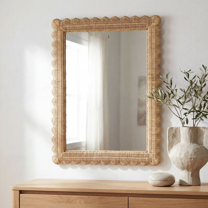 Flora Light Brown Scalloped Rattan Wall Mirror