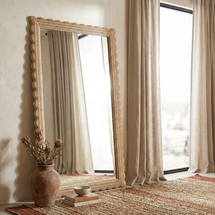 Flora Light Brown Scalloped Rattan Floor Mirror