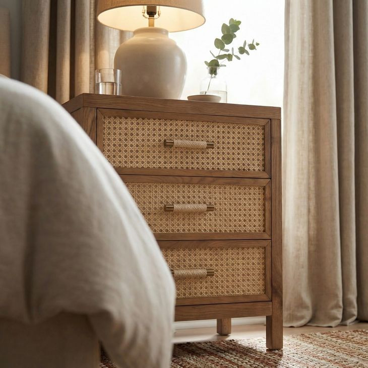 Mesa Natural And Cane 3 Drawer Nightstand