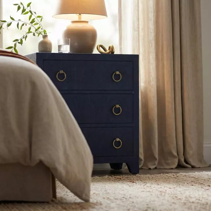 Bar Harbor Dark Navy Raffia 3 Drawer Nightstand