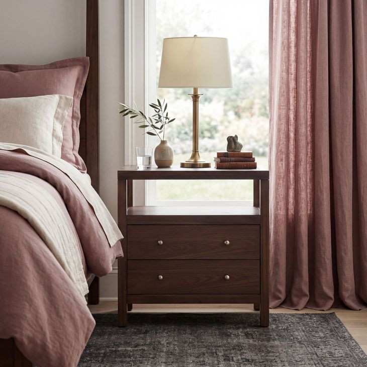 Nora Walnut Wide 2 Drawer Nightstand
