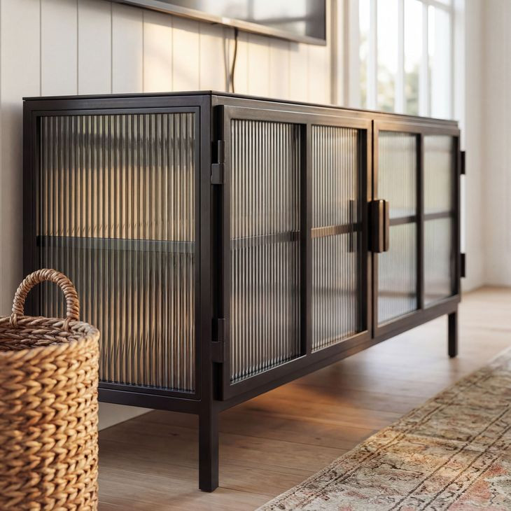 Hoxton Black Metal Ribbed Glass TV Stand