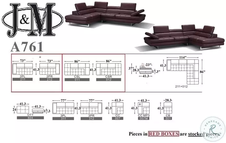 A761 Maroon Italian Leather Chaise LAF Sectional