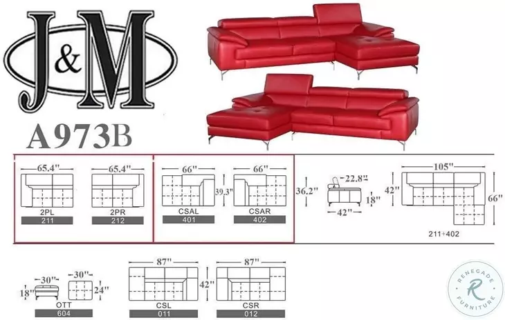 A973b Red Italian Leather Mini Chaise LAF Sectional
