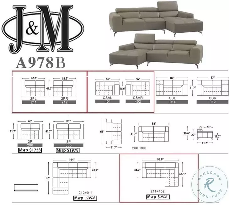 A978B Burlywood Italian Leather Chaise RAF Sectional