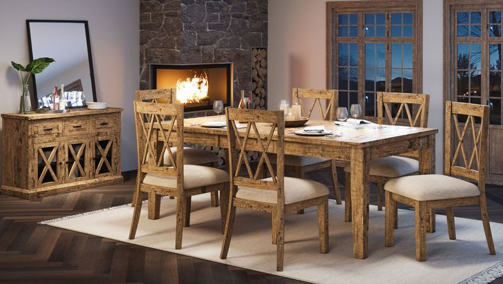 Telluride Brown and Beige Upholstered 7 Piece Dining Set with Cross Back Stools