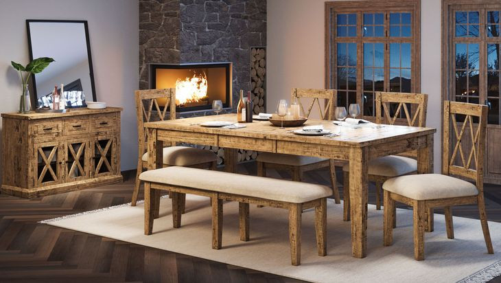 Telluride Brown and Beige Upholstered 6 Piece Dining Set with Bench