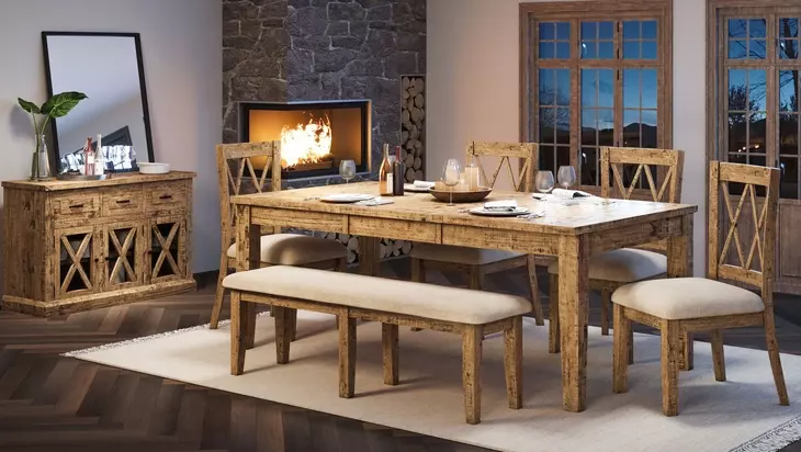 Telluride Brown and Beige Upholstered 6 Piece Dining Set with Bench