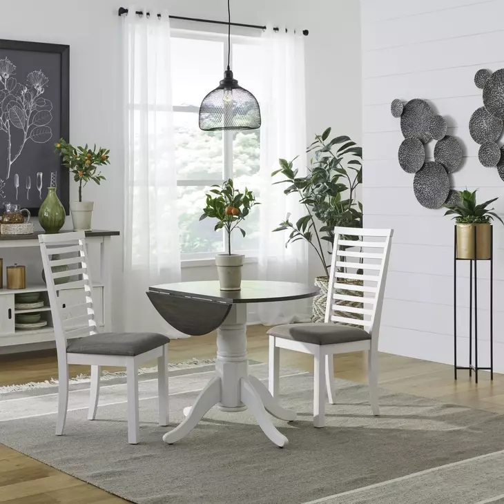 Bayview Textured White and Carbon Gray Upholstered 3 Piece Drop Leaf Dining Set